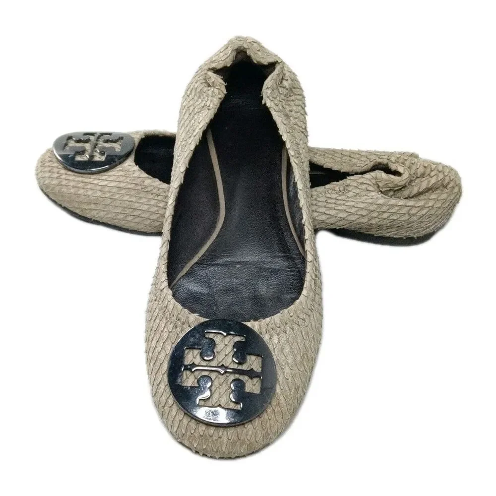 Tory Burch Reva Flats Shoes Women's Size 6.5 Gray Distress Leather Python Print
